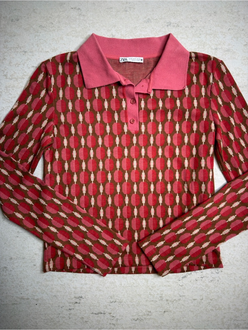 Zara Retro Geometric Print Cropped Longsleeve Polo Red/Pink/Brown Size S